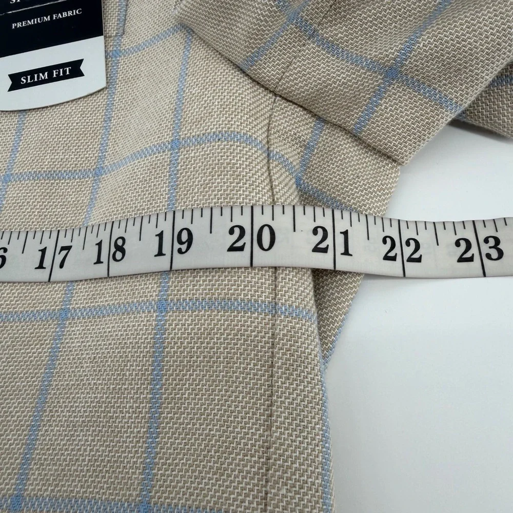 J.M. Haggar Sport Coat Mens 42S Tan Blue Windowpane Check Slim Fit Cotton Blazer